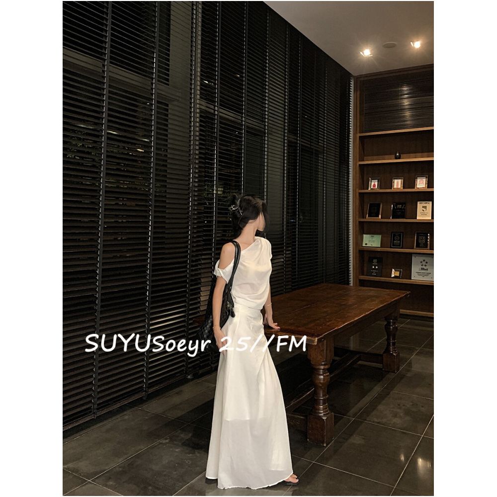 Soeyr Wabi sabi style Tencel off shoulder knotted top and slightly A line skirt set for women summer image 4