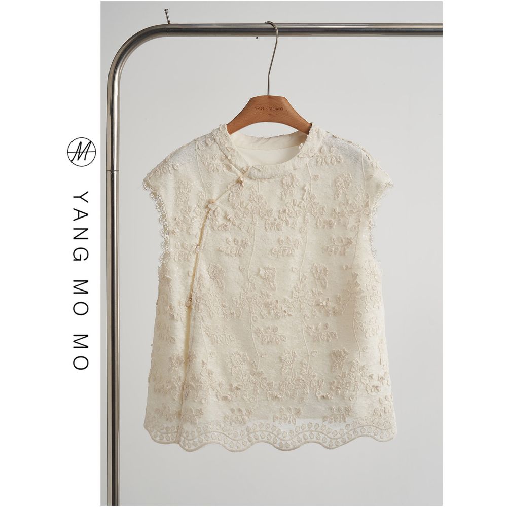 New Chinese style national style gentle temperament heavy industry sequin embroidery lace shirt vest top set women s summer new style image 2