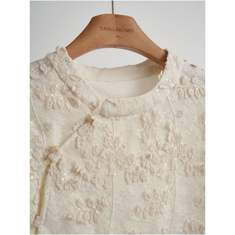 New Chinese style national style gentle temperament heavy industry sequin embroidery lace shirt vest top set women s summer new style image 4