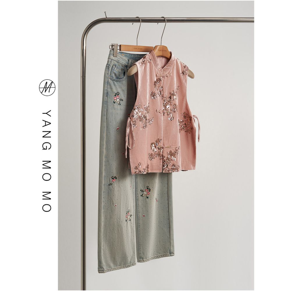 New Chinese style retro temperament buckle stand collar sequin buckle vest long pants set for women 2026 spring new item image 0