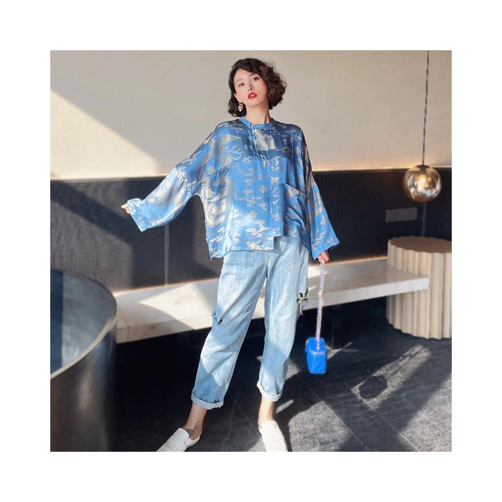 Stunning Heavyweight Blue and Gold Phoenix Jacquard Silk Shirt for Women Retro Style Modernized Chinese Style Oversized Top H2189 image 3