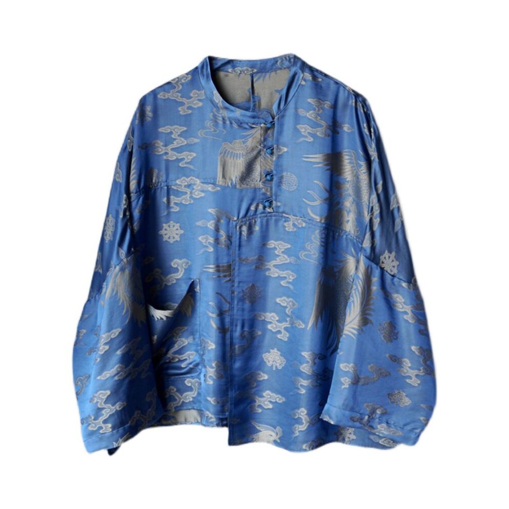 Stunning Heavyweight Blue and Gold Phoenix Jacquard Silk Shirt for Women Retro Style Modernized Chinese Style Oversized Top H2189 image 4
