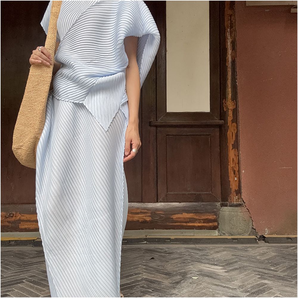BLUE Y design sense irregular cut pleated pile collar top half skirt long skirt image 1