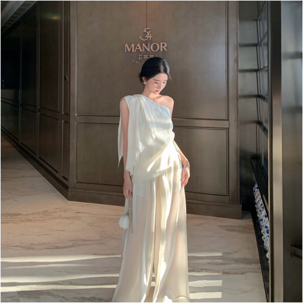 Middleton Beauty God Comes Texture Silk Design Sense Off Shoulder Sleeveless Top Wide Leg Pants Set Summer image 0