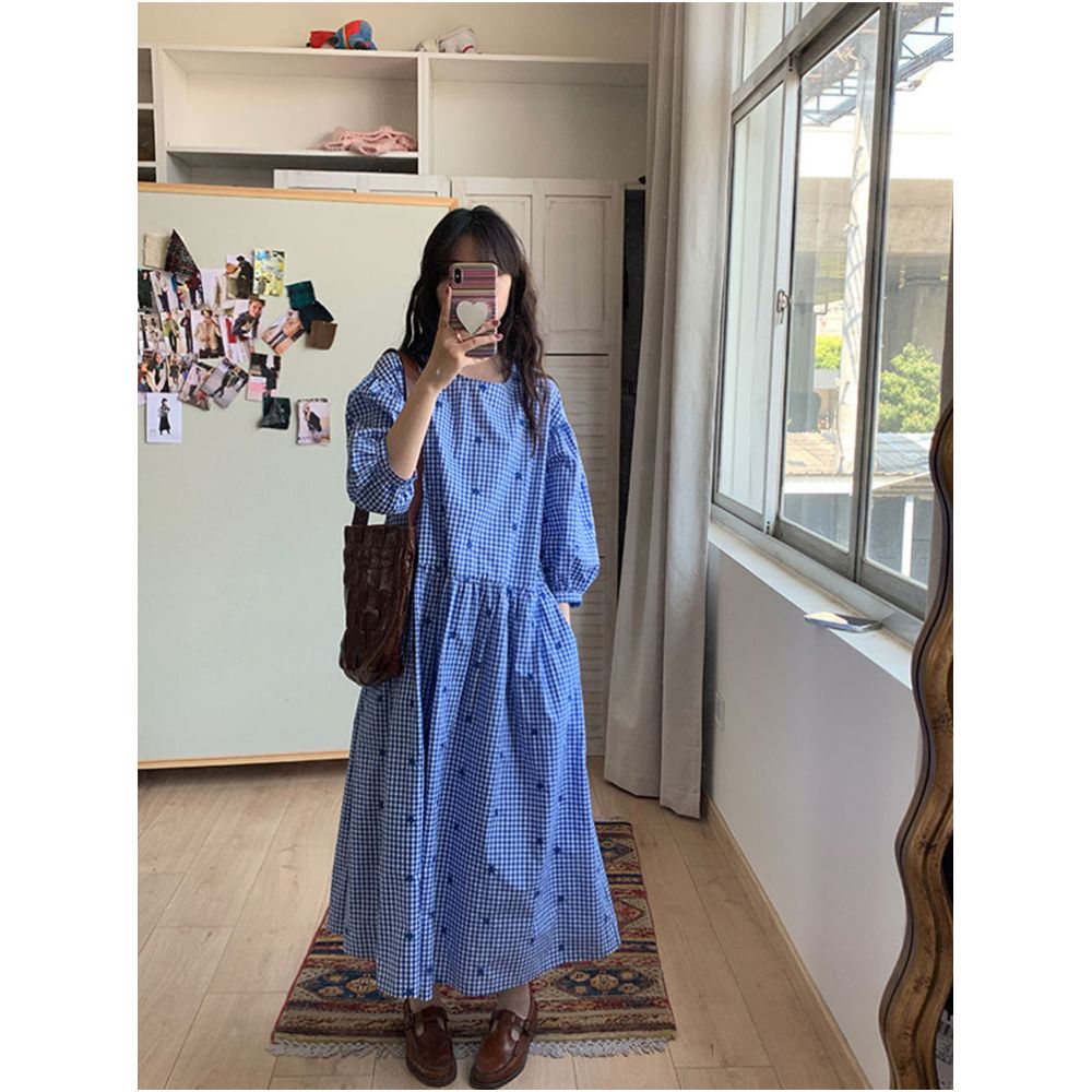 Lazy s Comfortable Clothing Blue Checkered Loose Dress Long Skirt for Women image 3