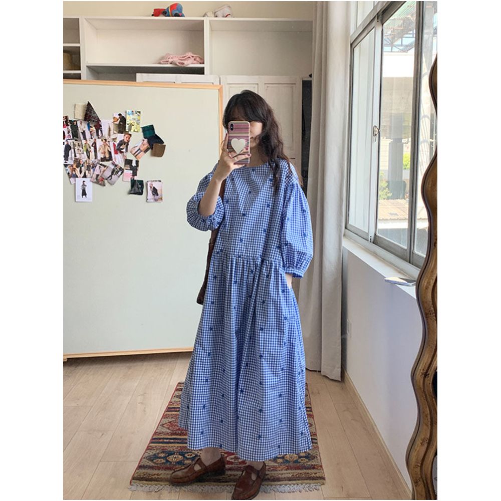 Lazy s Comfortable Clothing Blue Checkered Loose Dress Long Skirt for Women image 0