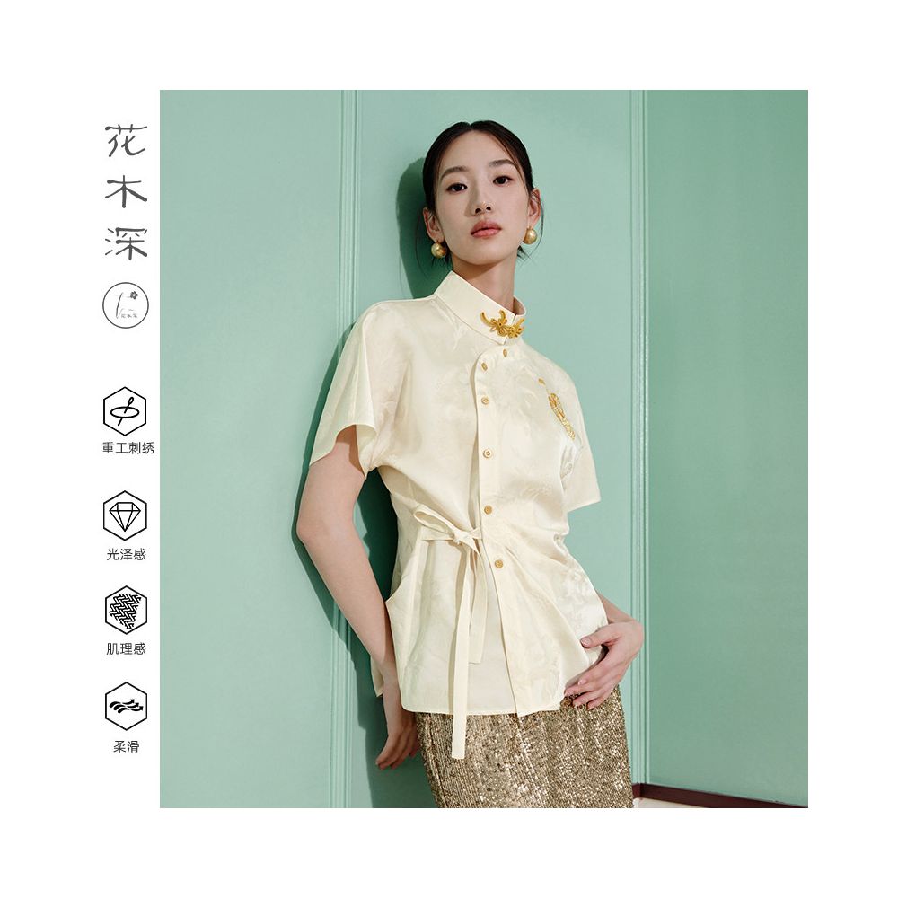 Flower and Tree Deep Embroidery White Shirt Short Sleeve Women s New Improved Hanfu Handmade Su Embroidery Shirt Stand Collar New Chinese Top image 3