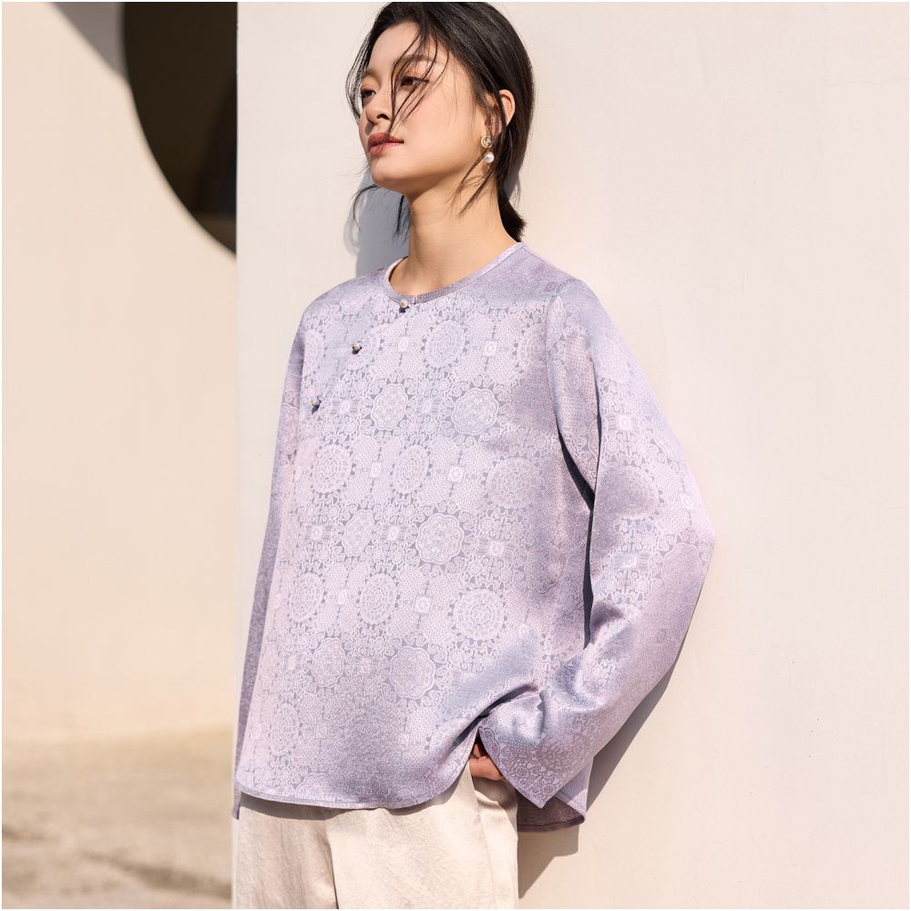 Phietang New Chinese Retro Improved Shirt Chinese Style Acetate Jacquard Satin Slanted Collar Round Collar Jacket Women s Hoodie image 0