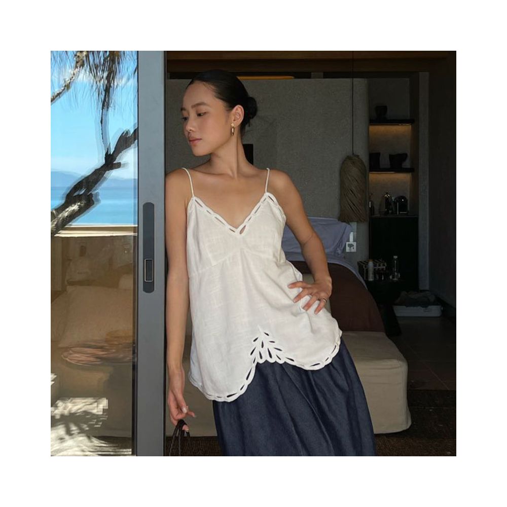 PURITY YH Minimalist French Cool and Dry Linen Heavy duty Hollow Embroidery Vacation Loose silhouette Strap Top image 1