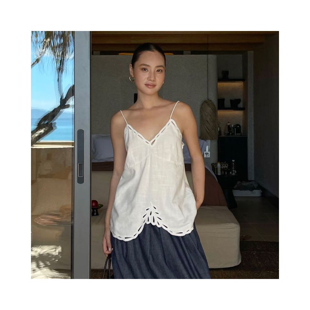 PURITY YH Minimalist French Cool and Dry Linen Heavy duty Hollow Embroidery Vacation Loose silhouette Strap Top image 2