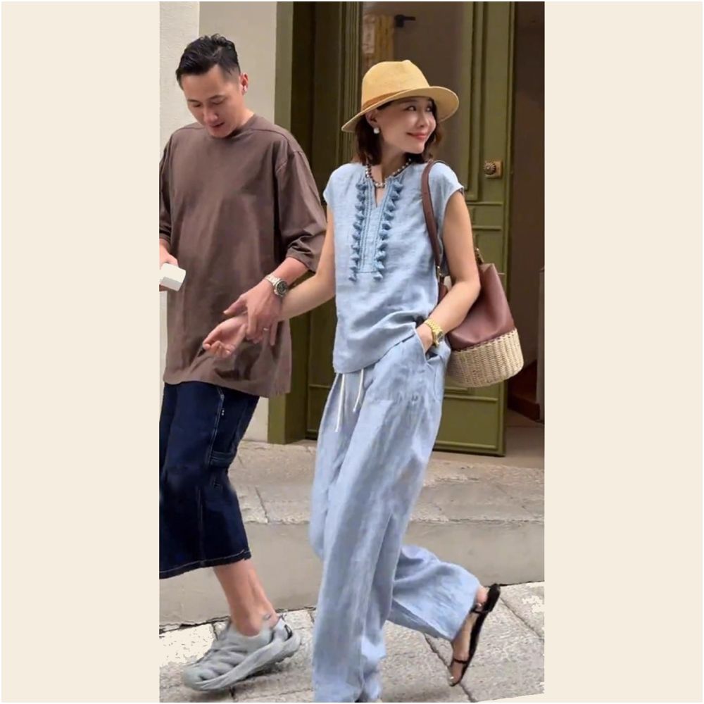 Cold and aloof outfit a set of commuting super beautiful blue shoulder short sleeved shirt with fungus edge wide leg pants set image 1