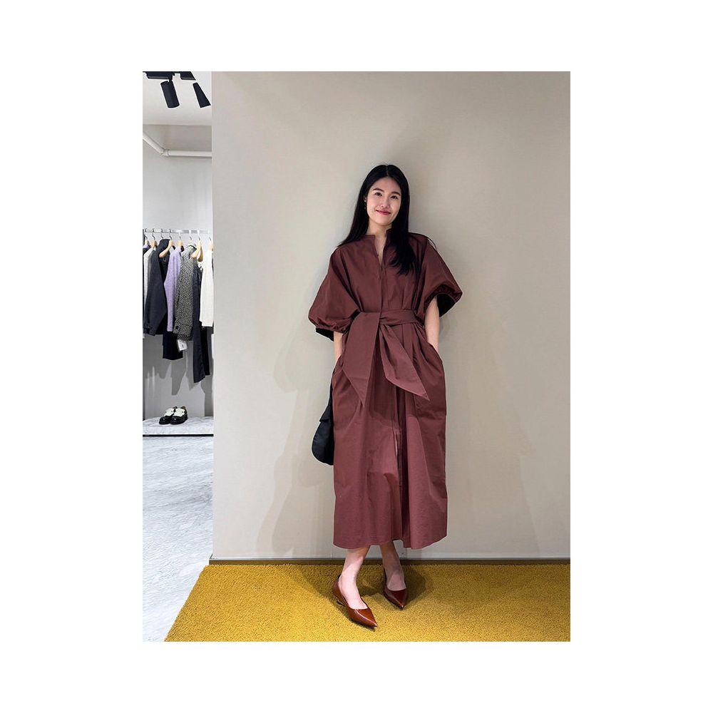 French retro red belted waist puff sleeve shirt dress old money style commuter temperament V neck dress early autumn image 0