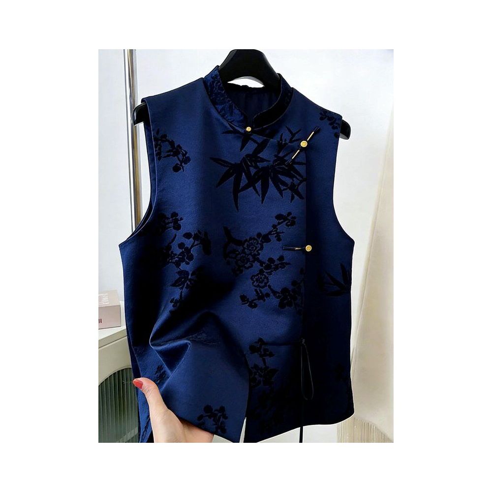 New Chinese style retro stand up collar sleeveless vest women s blue buckle temperament high end jacket for spring 2026 image 4