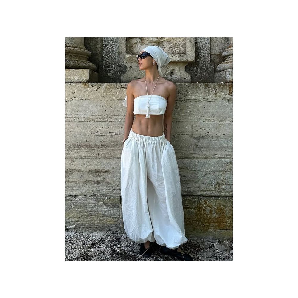 American retro white casual pants for women new autumn style high waisted slimming simple loose wide leg pants lantern pants image 2