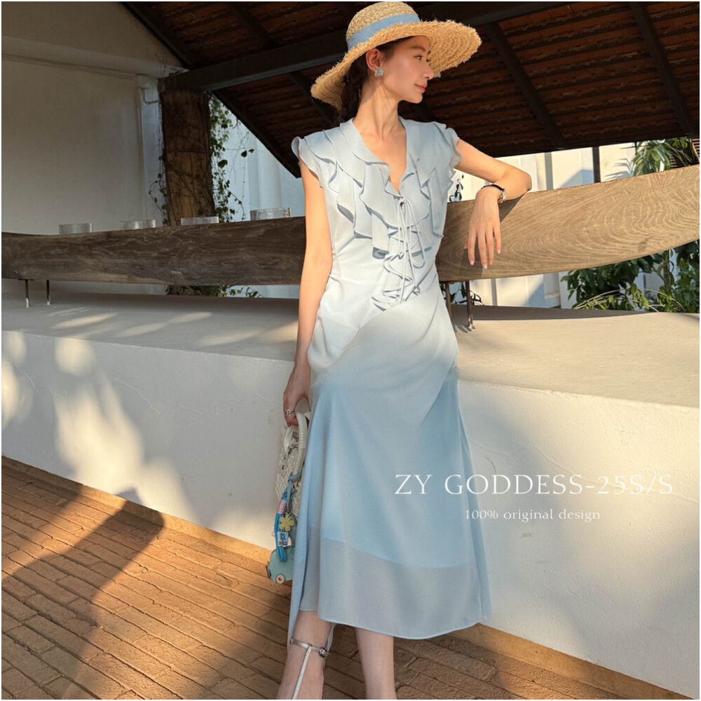 2025 Summer New Korean Style Design Lotus Edge Sleeveless V neck Dress French Romantic Holiday Long Dress image 5