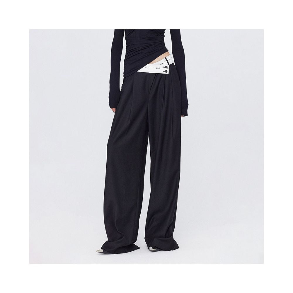 Ourhour slanted turned up waist black and gray pleated wide leg suit pants women s spring and autumn design floor length trousers image 0