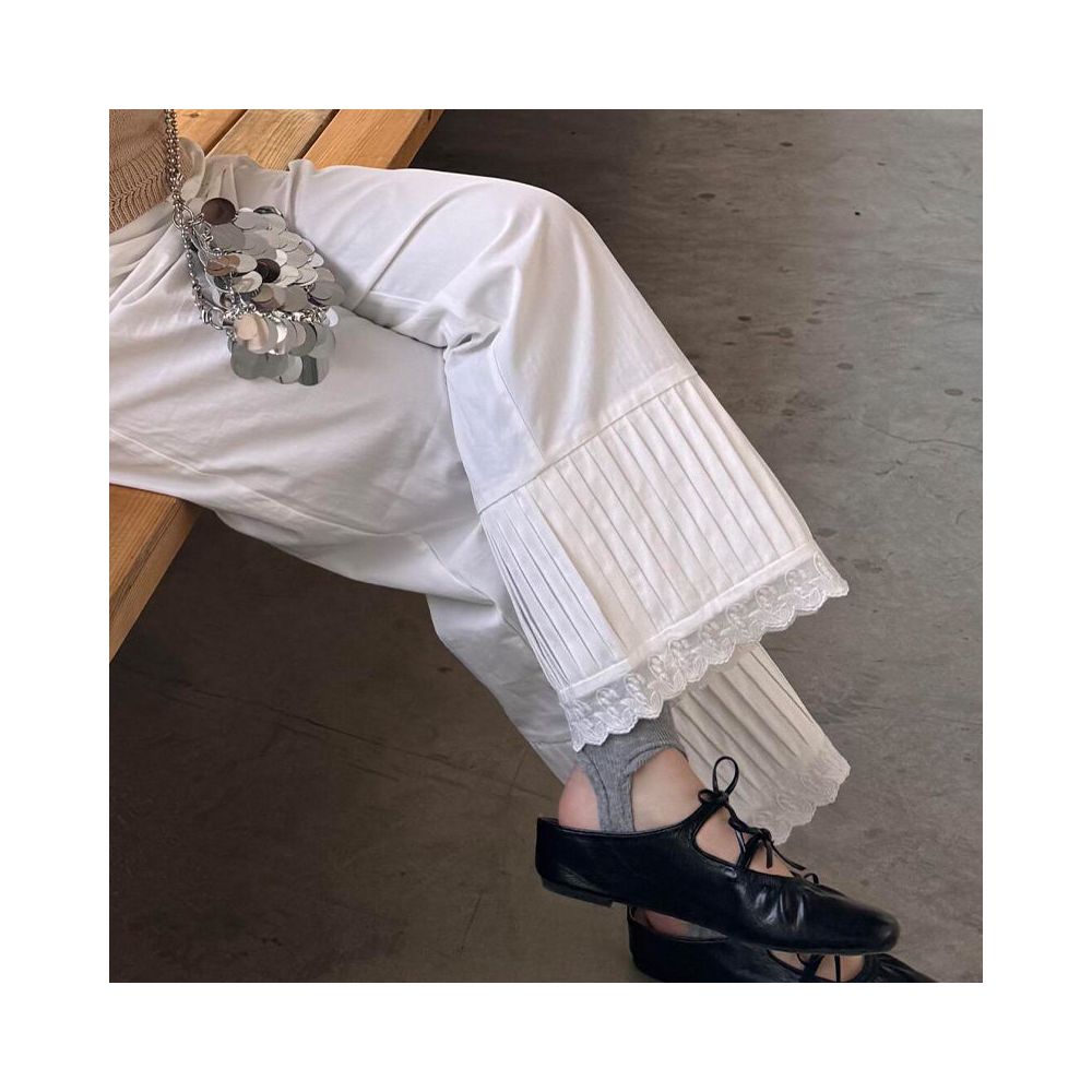 White lace lace patchwork high waisted loose wide leg pants for women in spring and summer new heavy duty pleated casual cropped pants for women image 1