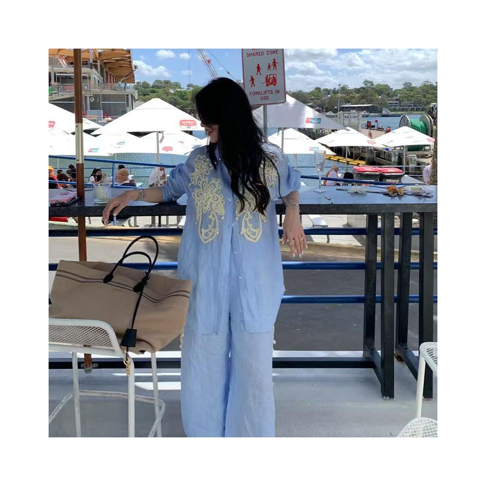 European style high end unique embroidered blue linen cotton shirt and wide leg pants two piece set for women spring 2026 image 2