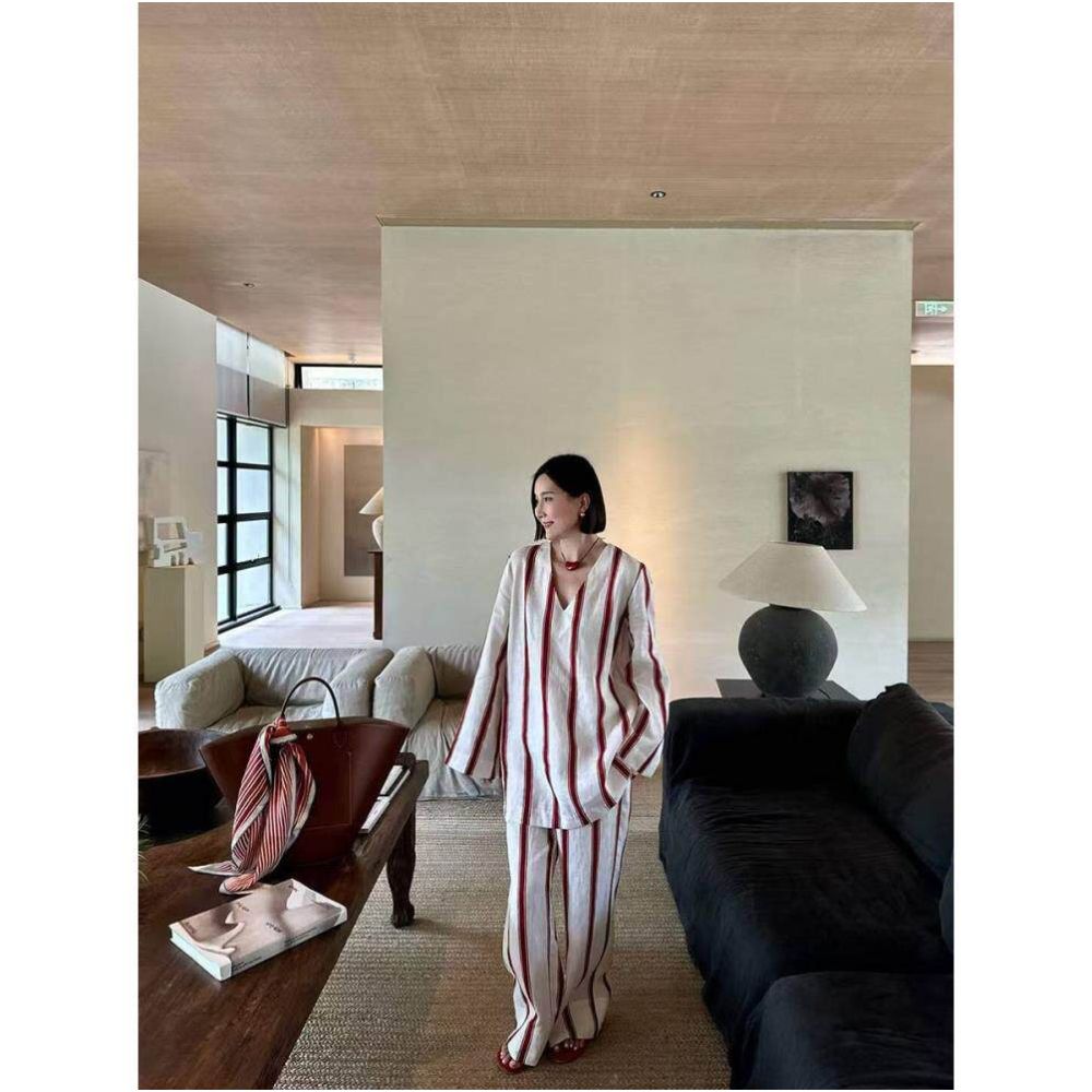 Art Exhibition Manor Holiday Series Natural Linen Red and White Striped V neck Top Casual Pants Set for Women image 2
