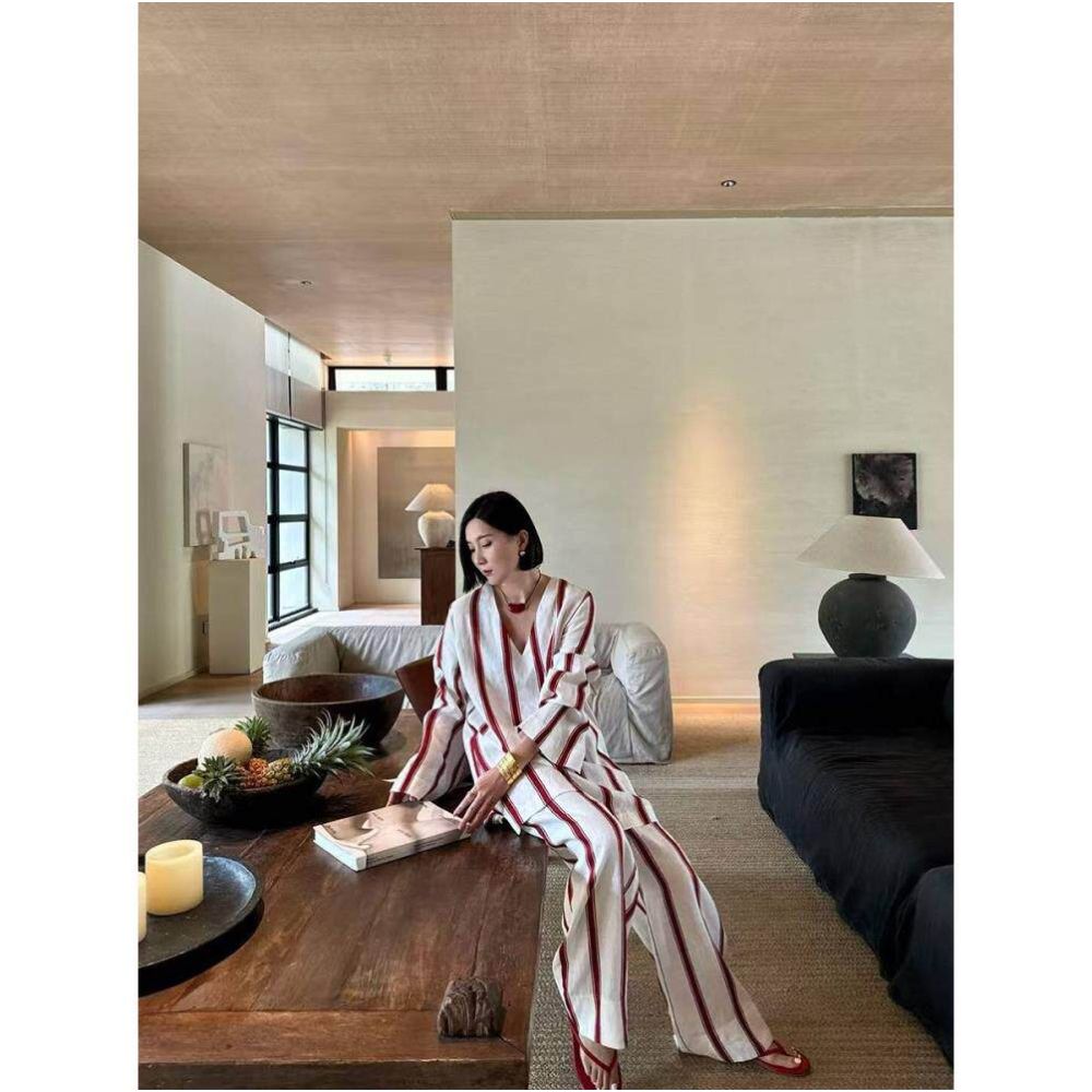 Art Exhibition Manor Holiday Series Natural Linen Red and White Striped V neck Top Casual Pants Set for Women image 4