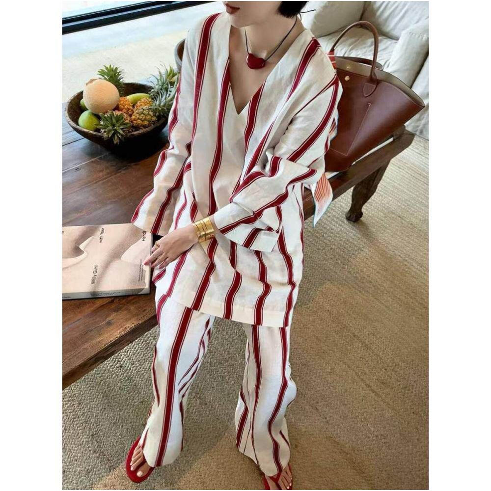 Art Exhibition Manor Holiday Series Natural Linen Red and White Striped V neck Top Casual Pants Set for Women image 0