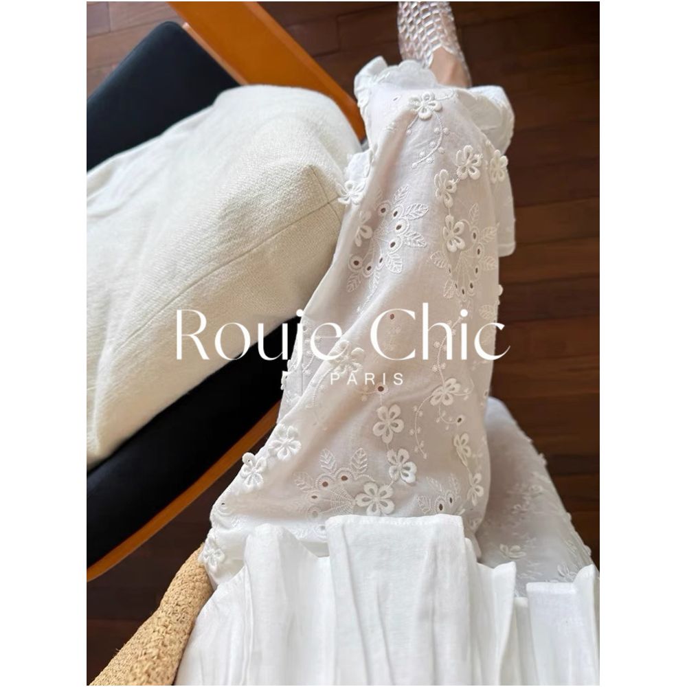 Rouje chic summer French white three dimensional flower embroidery hollow wide leg pants for women lightweight straight leg pants image 1