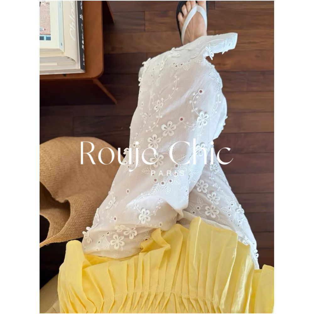 Rouje chic summer French white three dimensional flower embroidery hollow wide leg pants for women lightweight straight leg pants image 3