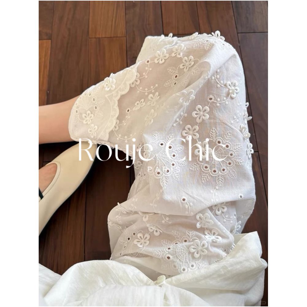 Rouje chic summer French white three dimensional flower embroidery hollow wide leg pants for women lightweight straight leg pants image 4