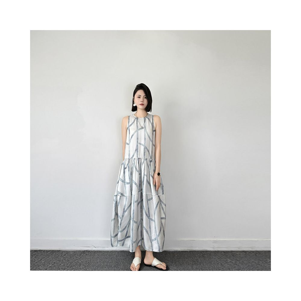 Summer new designer pattern silk design sense irregular branch line vest dress for women image 1