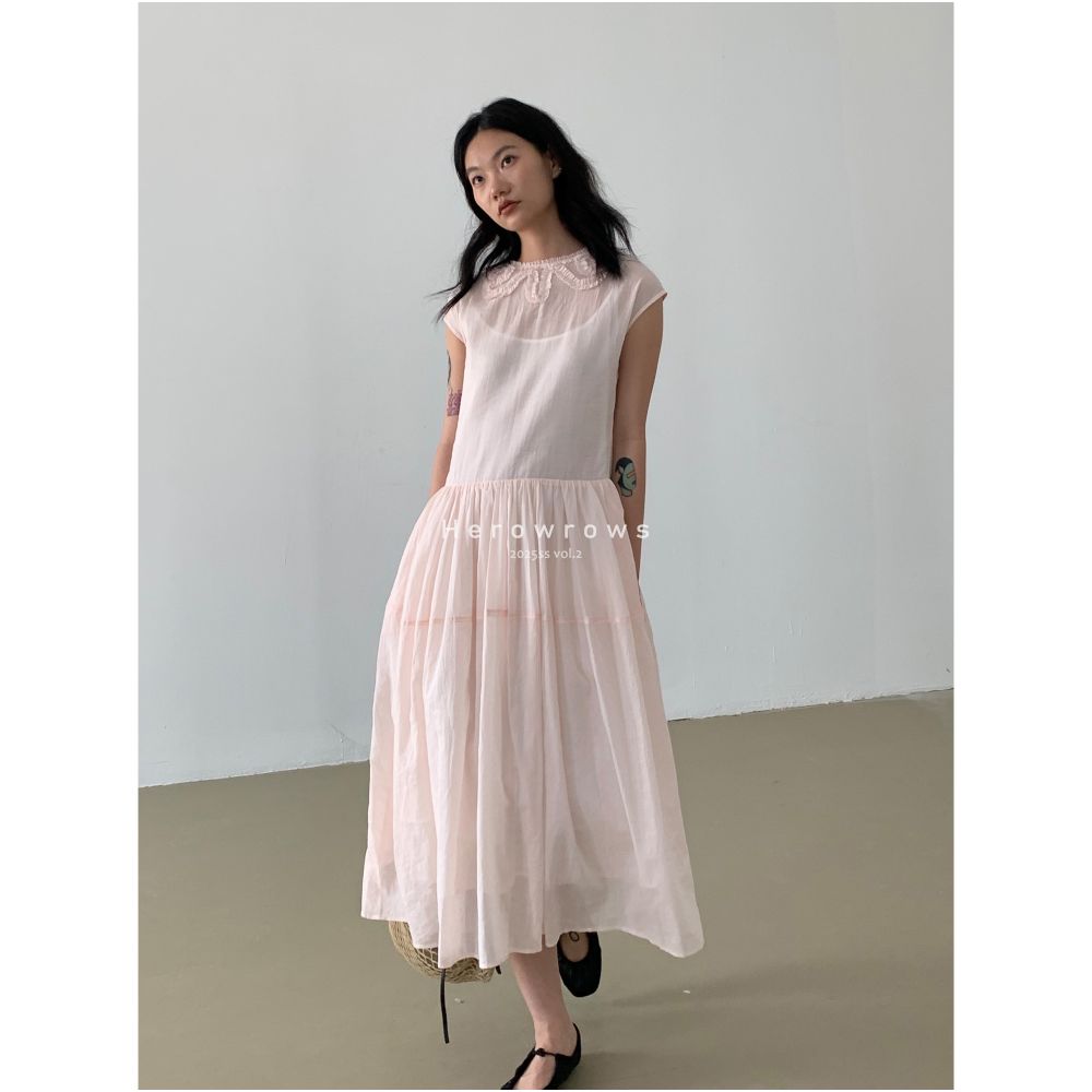 Herowrongs Summer Clear Hemp Cotton Heavy Industry Flower Wrapped Strap Dress Front and Rear Two Wearing Large Swing Skirts image 5