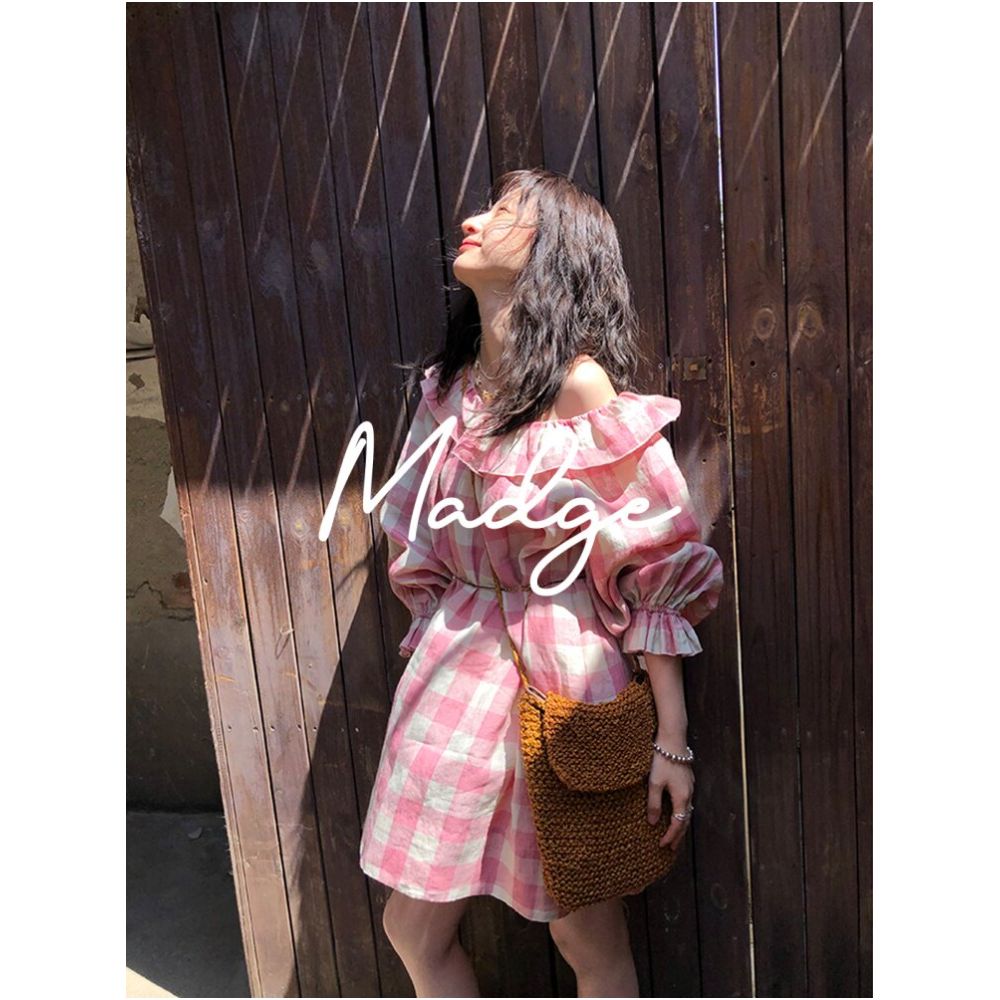 S Andro Madge French Linen Checkered Ruffle Edge Bubble Sleeve Dress Retro Art Student Skirt ins image 0
