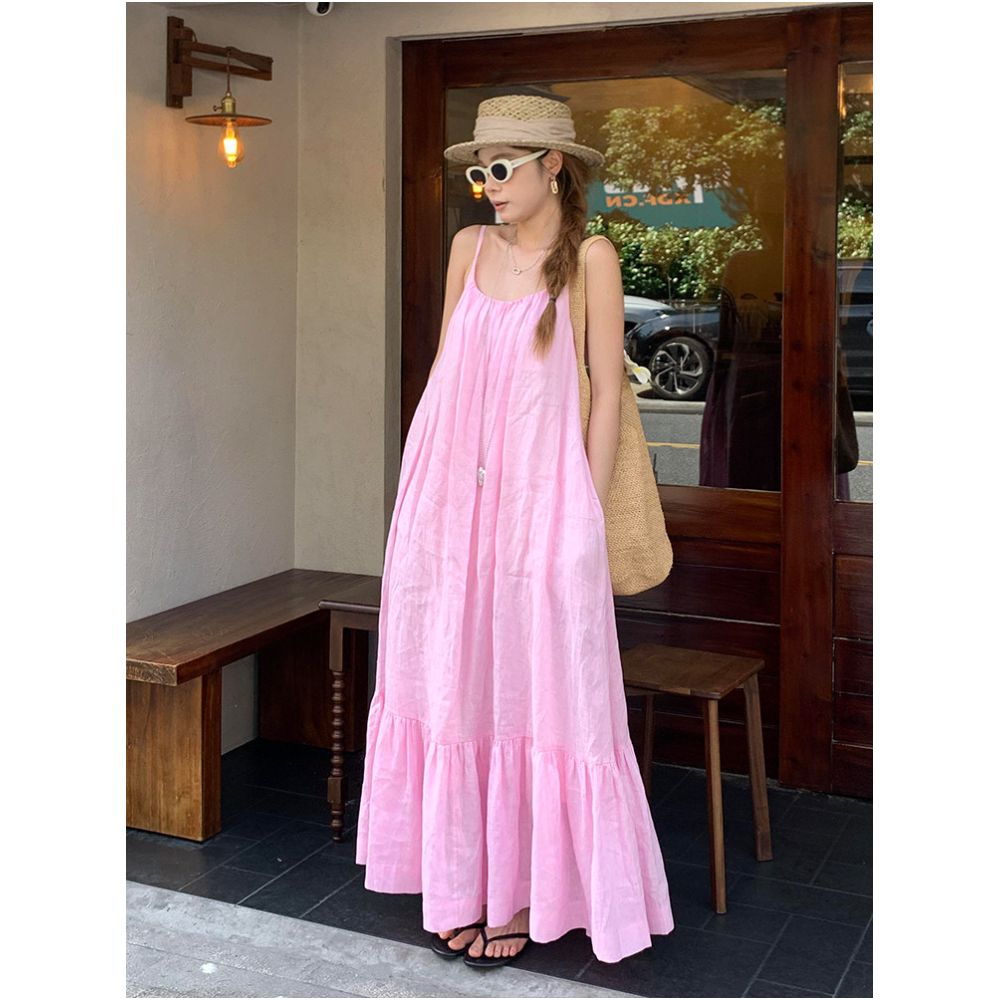 French style gentle pink loose fitting suspender dress new summer style pure and sexy vacation look backless long dress image 0