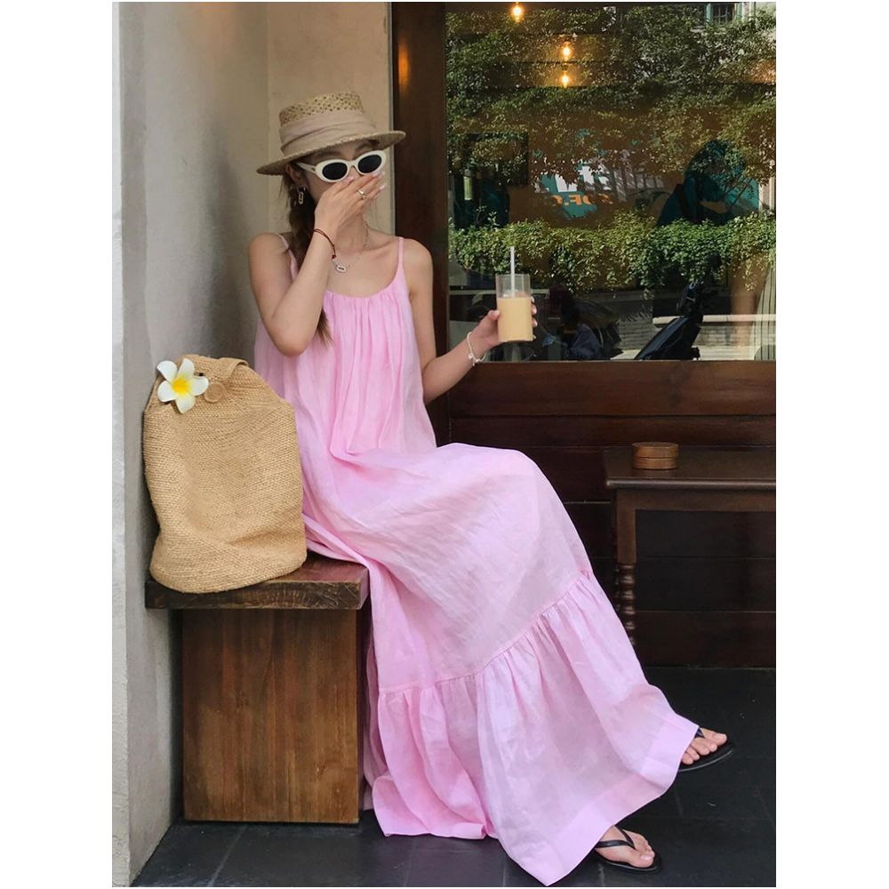 French style gentle pink loose fitting suspender dress new summer style pure and sexy vacation look backless long dress image 1