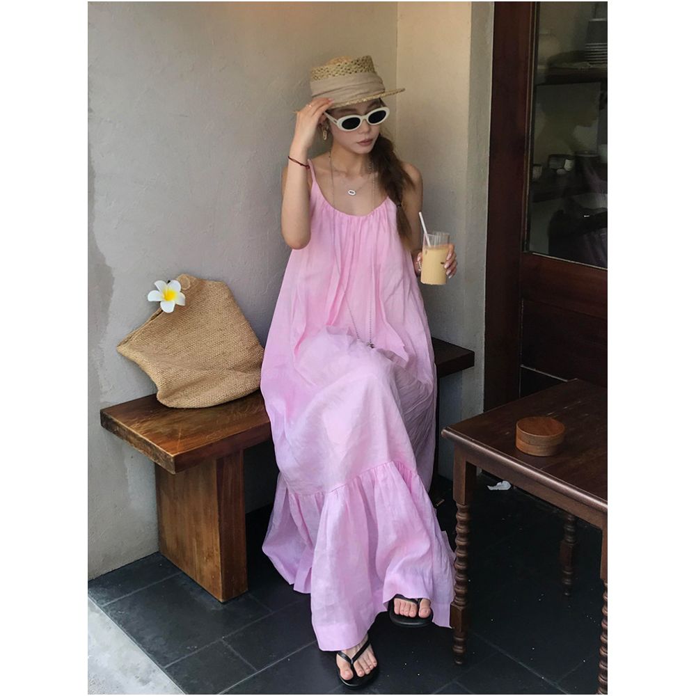 French style gentle pink loose fitting suspender dress new summer style pure and sexy vacation look backless long dress image 4
