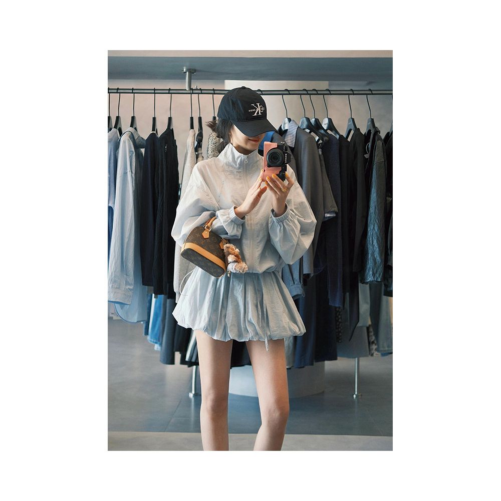 Women s Summer Suit 2025 New Style Petite and Pretty Blue Casual Stand Collar Sun Protection Shirt and Pants Two Piece Set image 0