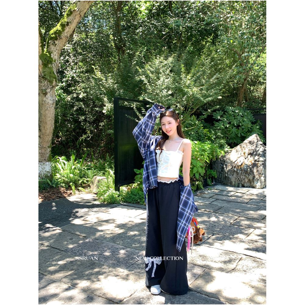 Sam Seoi Da Fan Embroidered Blue Casual Pants Women s Loose Korean Style High Waist Wide Leg Straight Leg Pants Strolling Floor Length Pants image 2