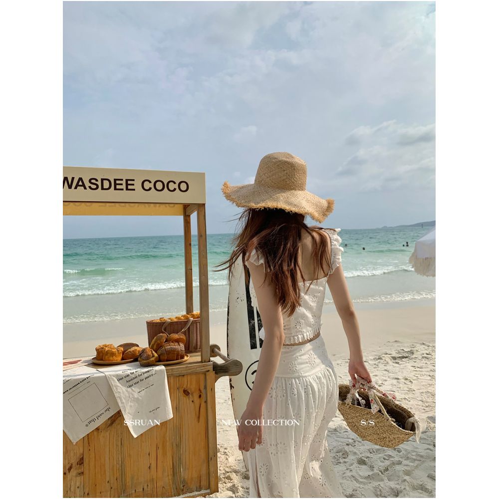 Sam Seoi Da Fan French Romantic White Two Piece Beach Vacation Tea Break Dress image 1