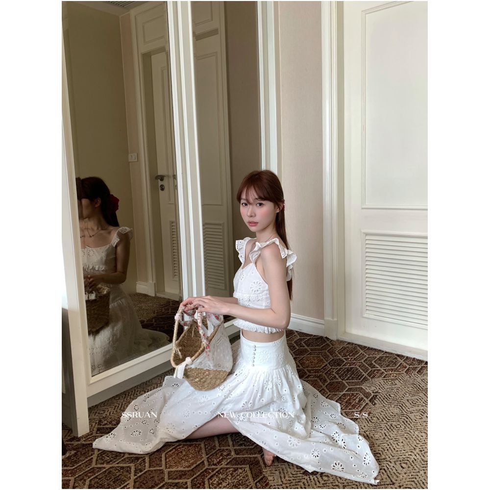 Sam Seoi Da Fan French Romantic White Two Piece Beach Vacation Tea Break Dress image 4