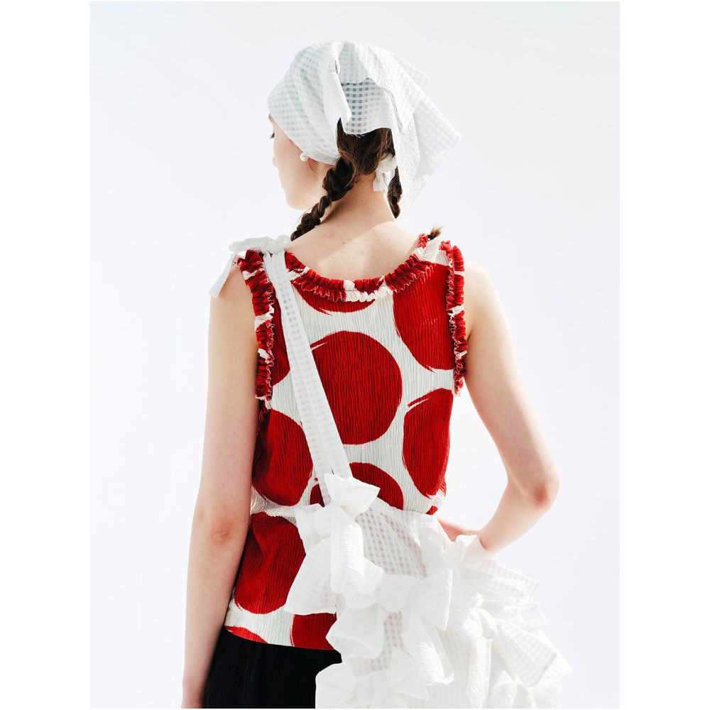 imakokoni Original 2026 Summer Artistic Polka Dot Crinkled Red Vest with Lace Trim Sleeveless Top for Women image 1