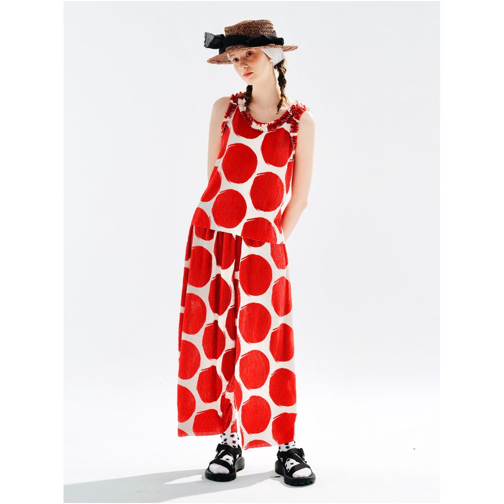 imakokoni Original 2026 Summer Artistic Polka Dot Crinkled Red Vest with Lace Trim Sleeveless Top for Women image 2