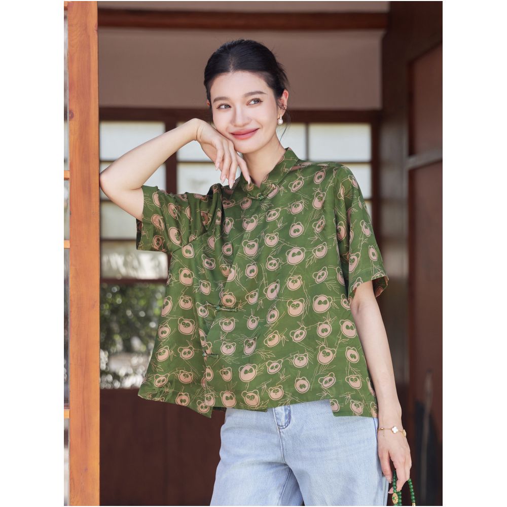 Fei Yi Tang Silk Floral Red Cloud Yarn New Chinese Style Improved Literary Retro Stand Collar Slanted Placket Tang Suit Women s Short Sleeve Top image 0