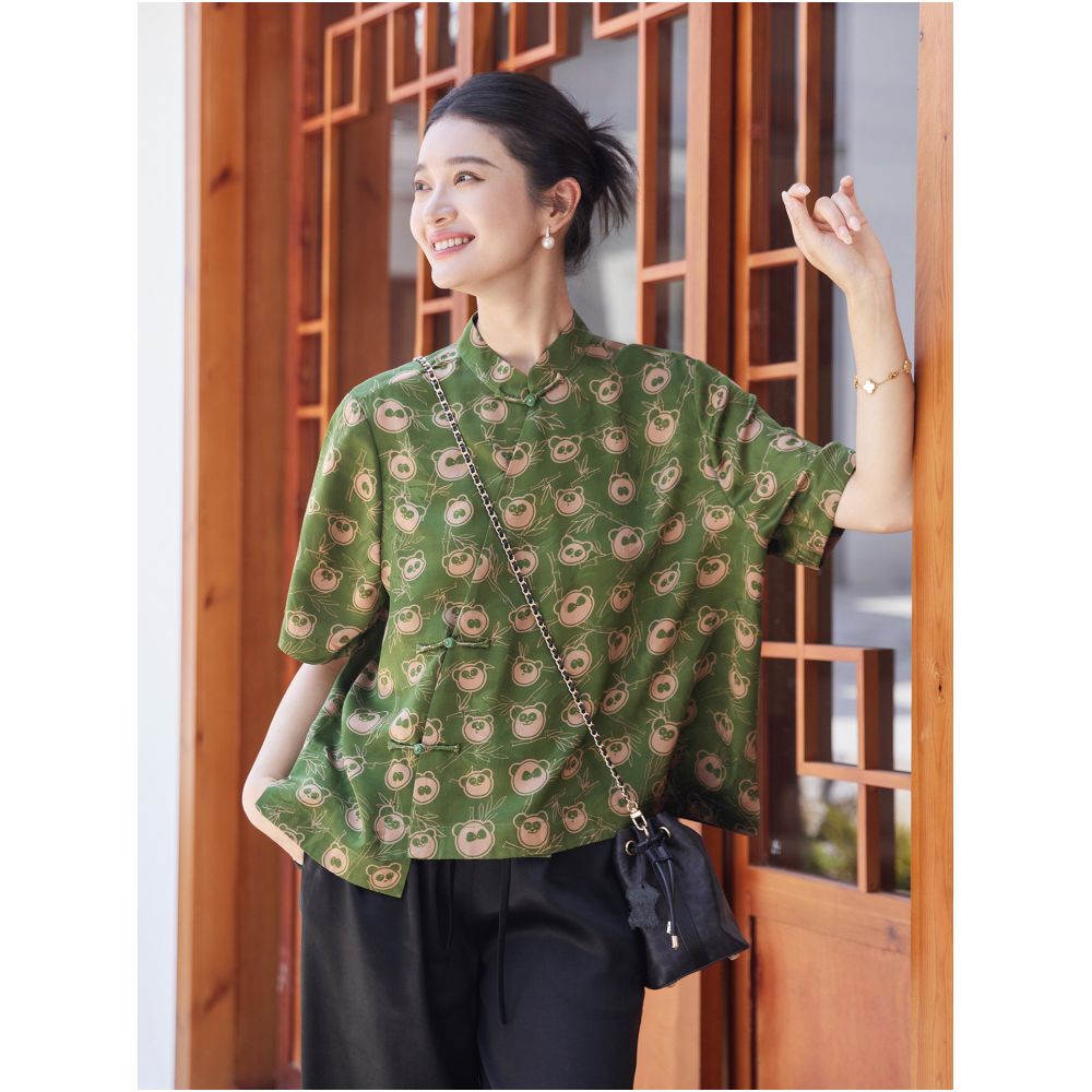 Fei Yi Tang Silk Floral Red Cloud Yarn New Chinese Style Improved Literary Retro Stand Collar Slanted Placket Tang Suit Women s Short Sleeve Top image 1