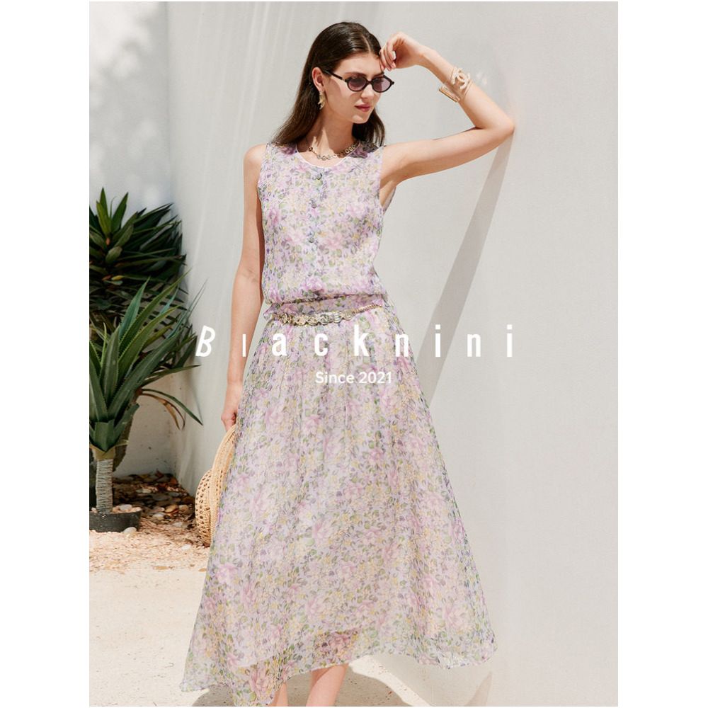 Blacknini Seven Mile Fragrance Italian Mulberry Silk Print New Chinese Style Round Neck Vest Skirt image 4
