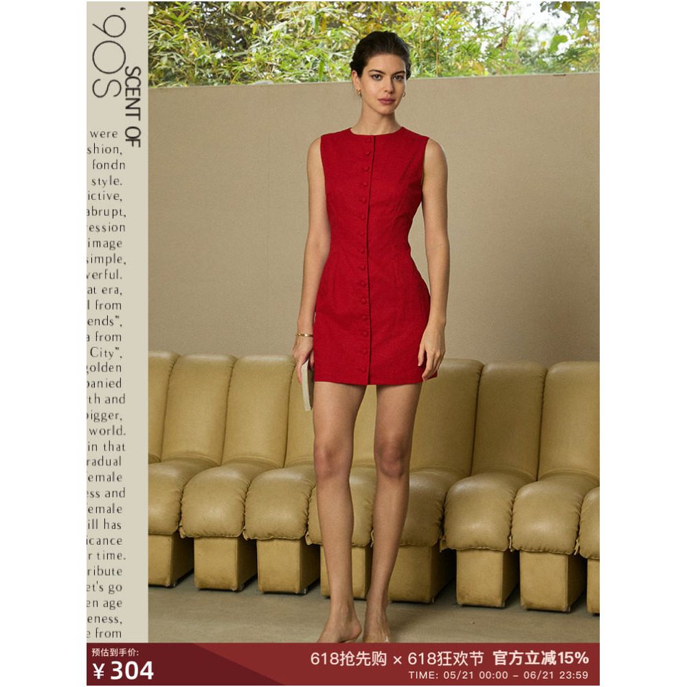 Scent of the 90s Simple red resort style round neck sleeveless linen cotton dress with a fitted waist and button closure image 0