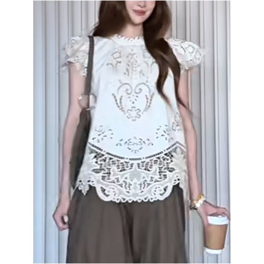 2026 Summer New Women s White Round Neck Short Sleeve Hollow Out Shirt Loose Fit Slimming and Versatile Top image 3