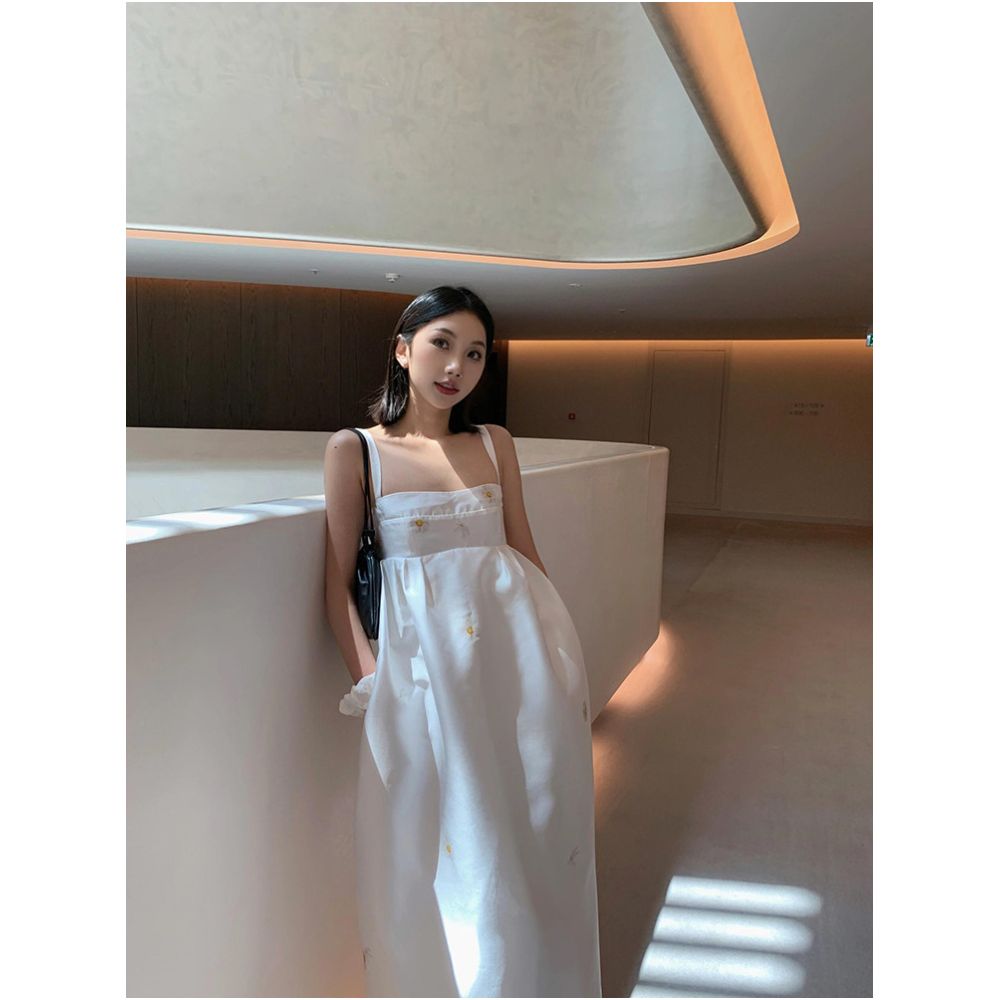 AN Maiden High End White Dress for Women Summer French Tea Break Style Printed Fit Square Neck Spaghetti Strap Long Dress image 1
