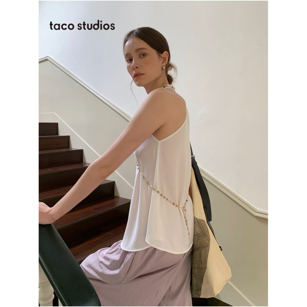Taco Studios Japanese Imported Acetate Matte Satin Halter Neck Top with Conch Shell Hand embellished Design Elegant and Stylish image 3
