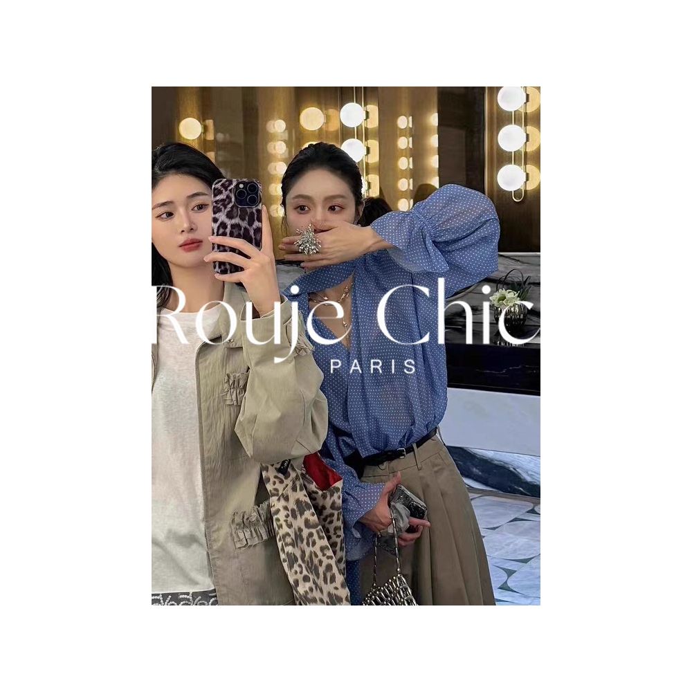 French Rouje Chic Spring Style Blue V neck Polka Dot Shirt for Women French Loose Fit Casual and Versatile Top image 1