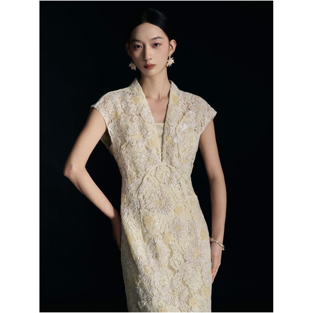 Nian Twelve Orchid Sequence Lace Sequin Embroidered V Neck Dress Sleeveless New Chinese Style White Chalcedony Button Long Dress image 1
