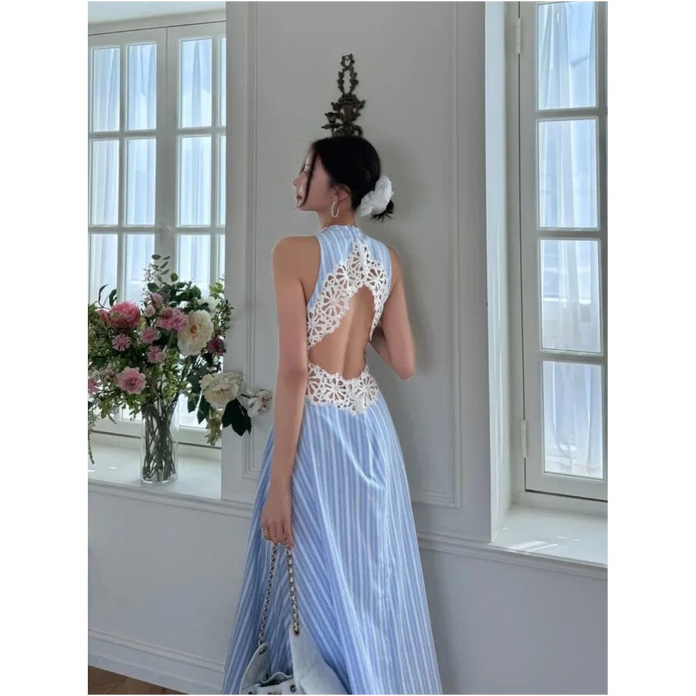 X Rose Elegant Resort Style Hollowed out Lace Patchwork Dress New High End Luxury Vertical Striped Long Dress image 0